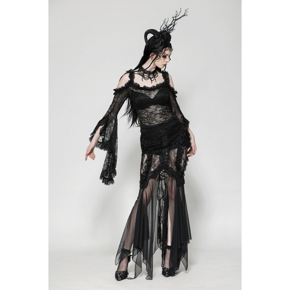 Dark in Love Nevaeh Gothic Lace and Mesh Mermaid Skirt – Black Embroidery
