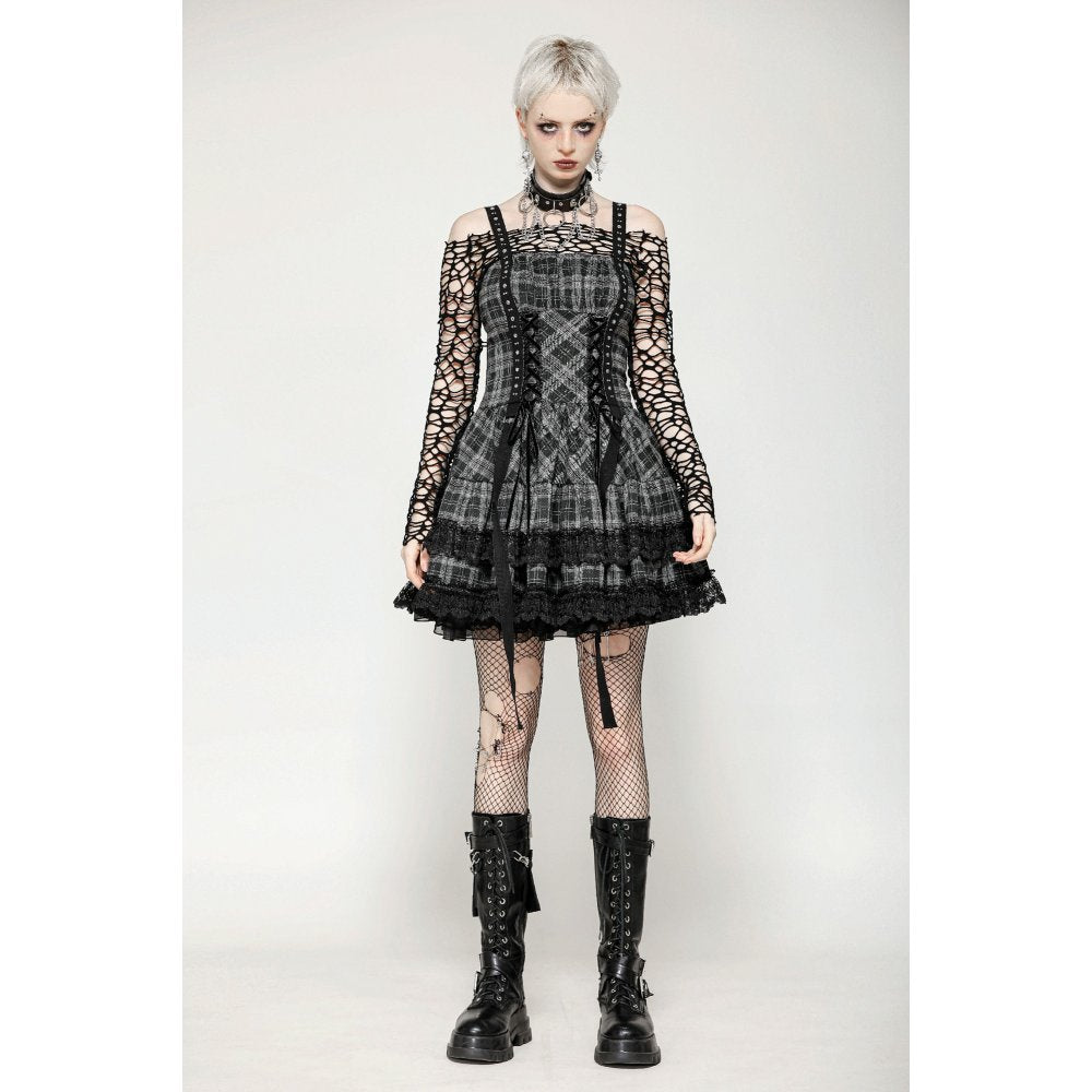 Dark in Love Ida Grey Tartan Punk Dress | Studded Gothic Lolita Style