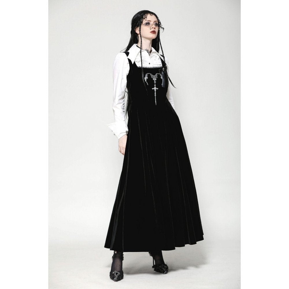 Dark in Love Lux Black Velvet Horn Embroidery Gothic Maxi Dress