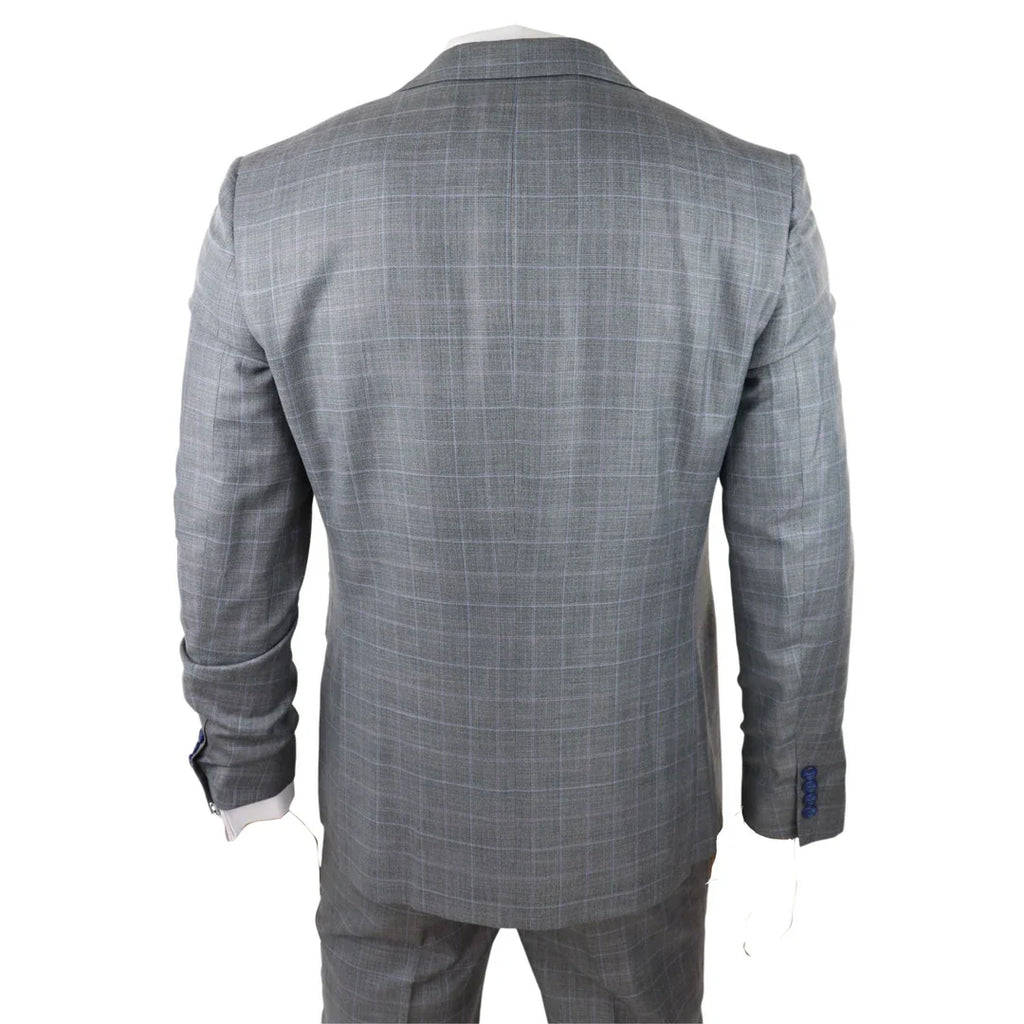 Men's Light Grey 3 Piece Suit Blue Check Double Breast Waistcoat Office Wedding Prom