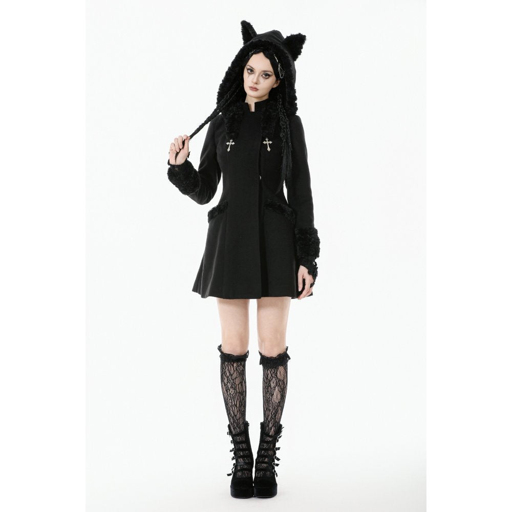 Dark in Love Cat-Ear Faux Fur Trim Gothic A-Line Skater Coat