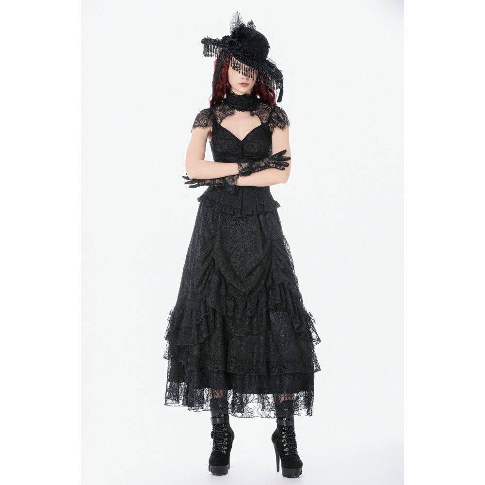 Dark in Love Vintage Gothic Lace Layered Maxi Skirt - Black Victorian