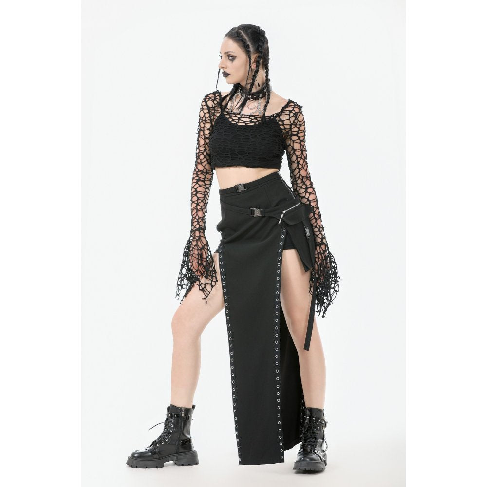 Dark in Love Morana Black Mesh Crochet Knit Bell Sleeve Crop Top