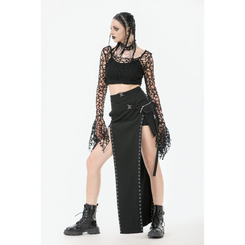 Dark in Love Morana Black Mesh Crochet Knit Bell Sleeve Crop Top