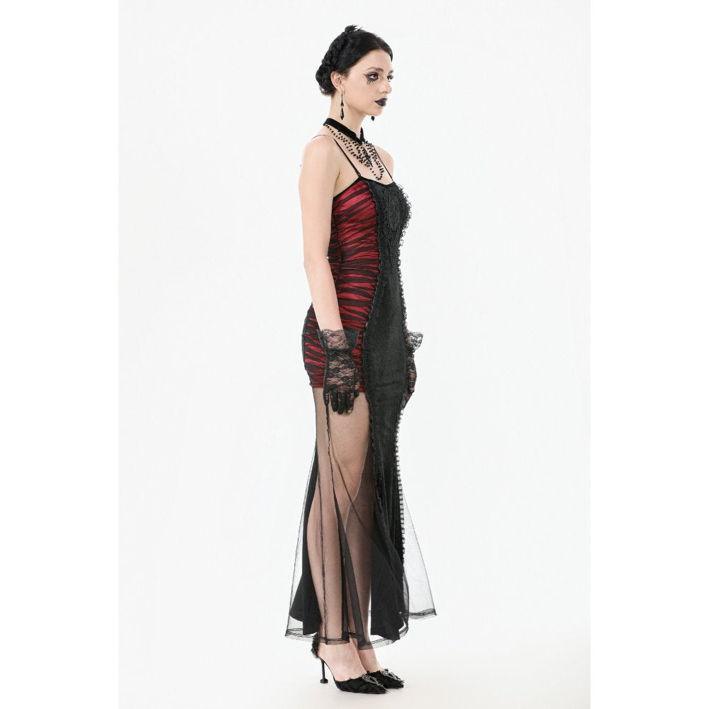 Dark in Love Lilith Goth Gown – Red & Black Velvet Mesh Panel Dress