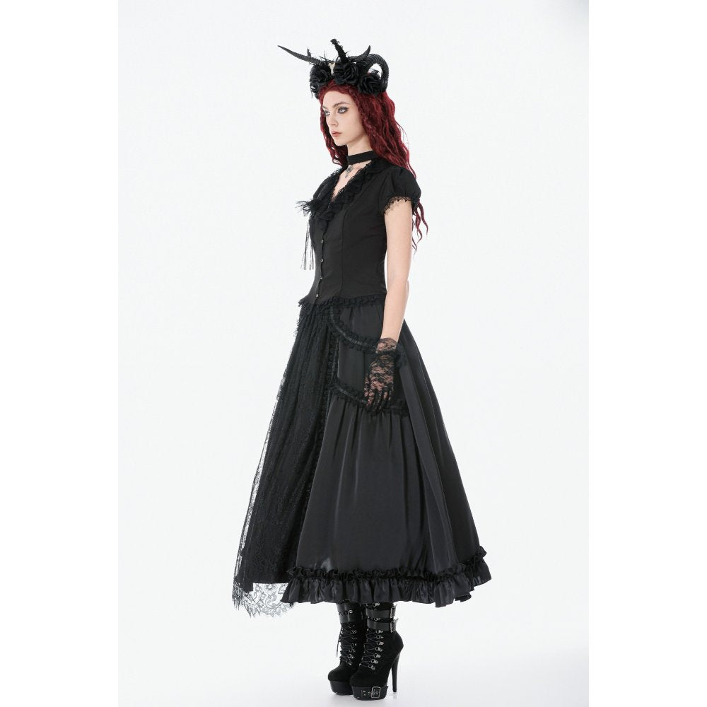 Dark in Love Courtly Cross Gem Gothic Blouse | Black Lace Puff Sleeve