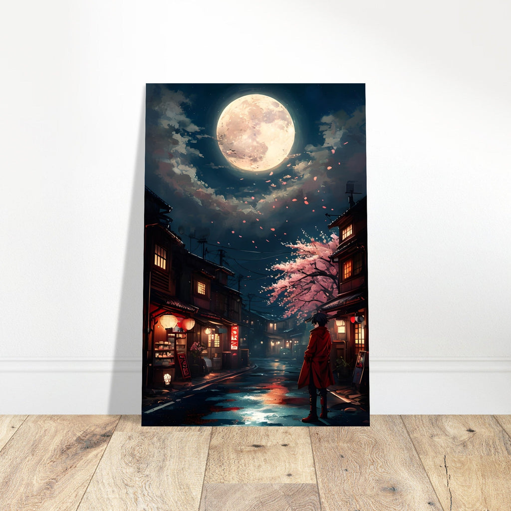 Japanese Cityscape Night Poster – Urban Glow Under the Moon