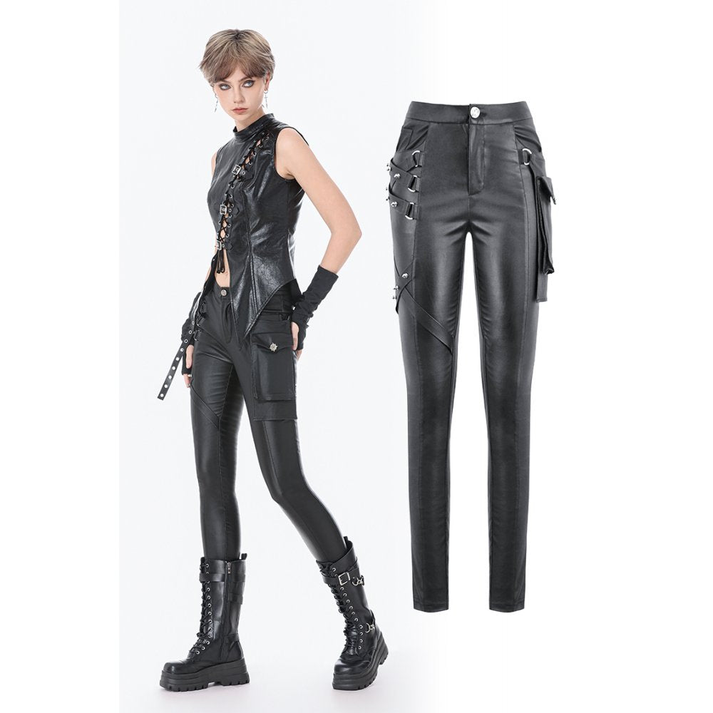 Dark in Love Punk Leather-Look Strap Detail Trousers | High-Waisted