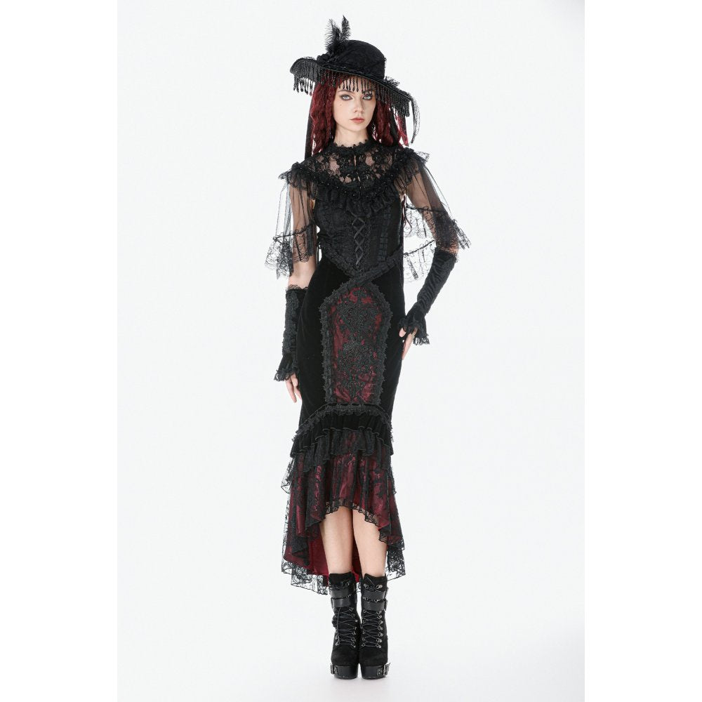 Dark in Love Gothic Velvet Mermaid Skirt – Elegant Red Lace Trim