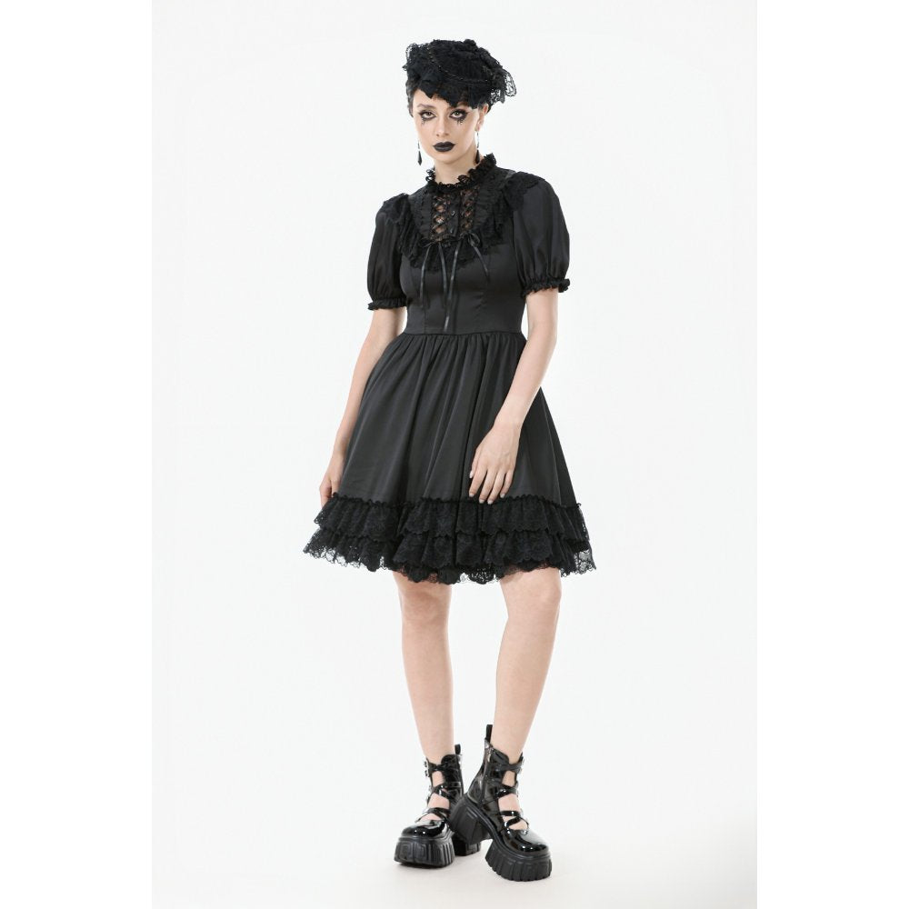 Dark in Love Belladonna Goth Dress – Black Lace-Up Puff Sleeve