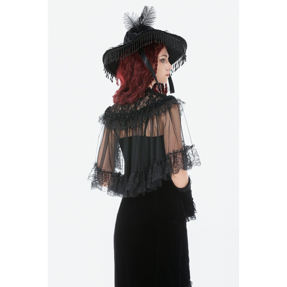 Dark in Love Morwenna Gothic Black Lace Ruffle Capelet with High Collar