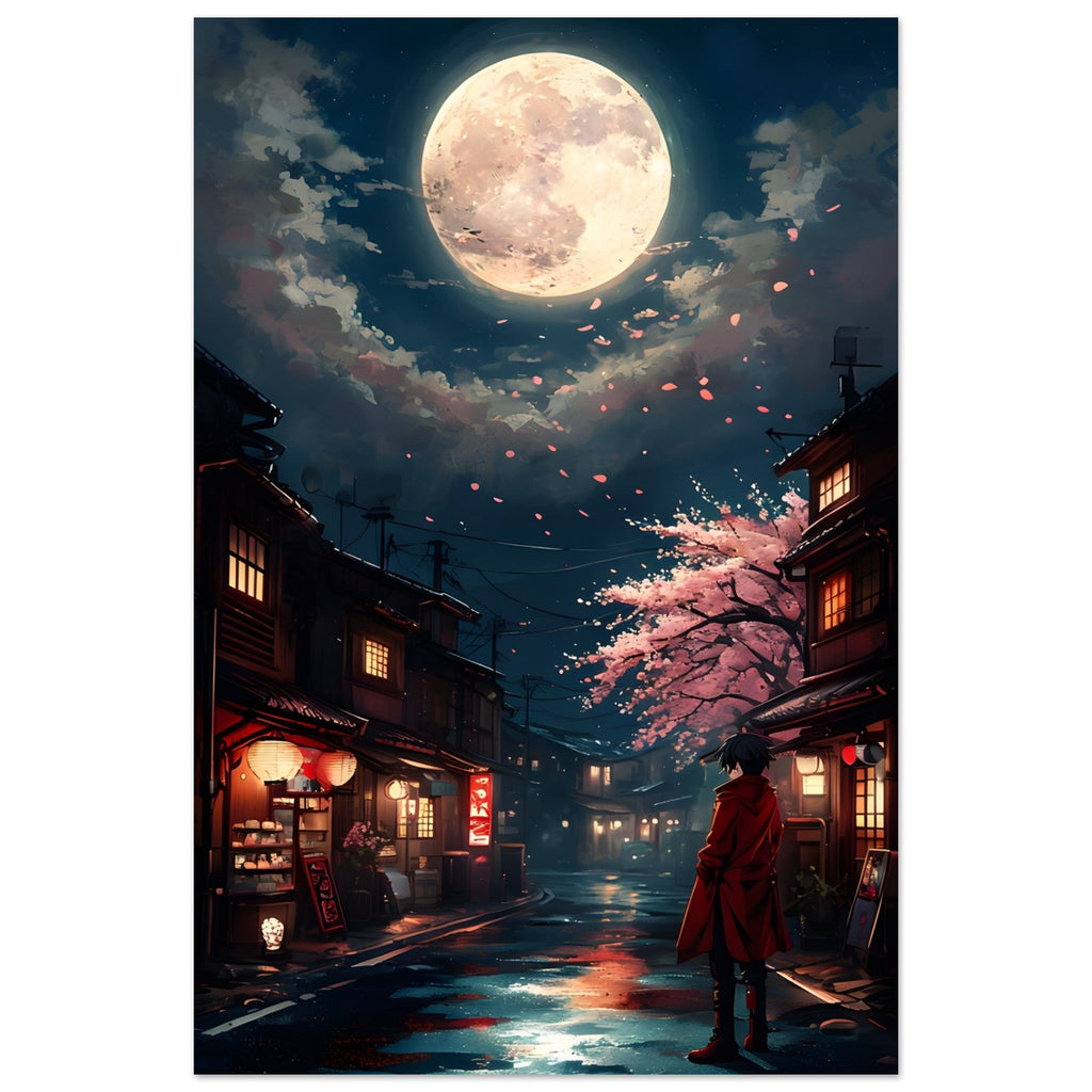 Japanese Cityscape Night Poster – Urban Glow Under the Moon