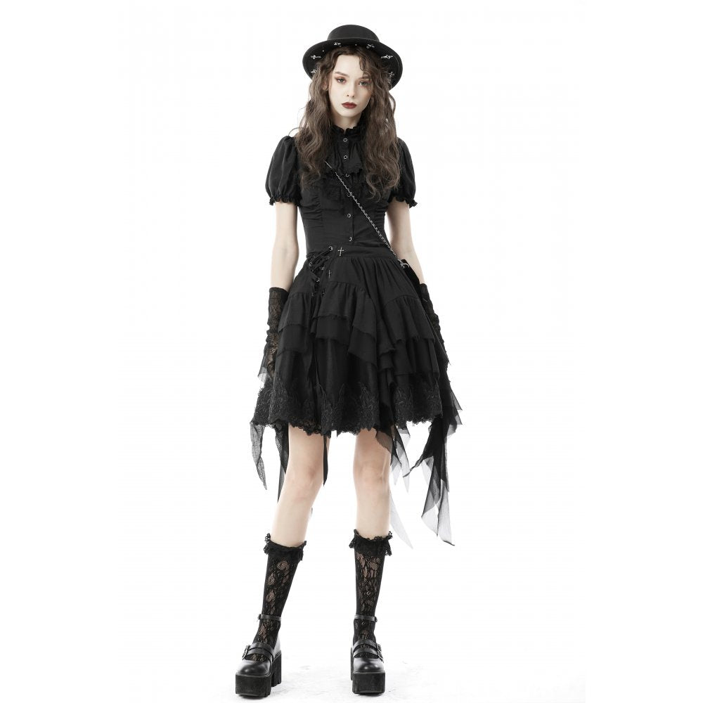 Dark In Love Sinead Black Gothic Blouse – Short Puff Sleeve Ruffle Collar