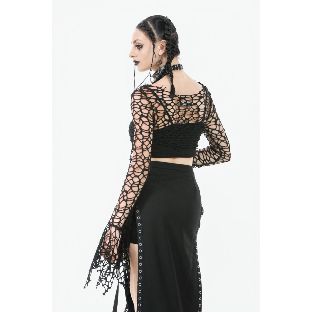 Dark in Love Morana Black Mesh Crochet Knit Bell Sleeve Crop Top
