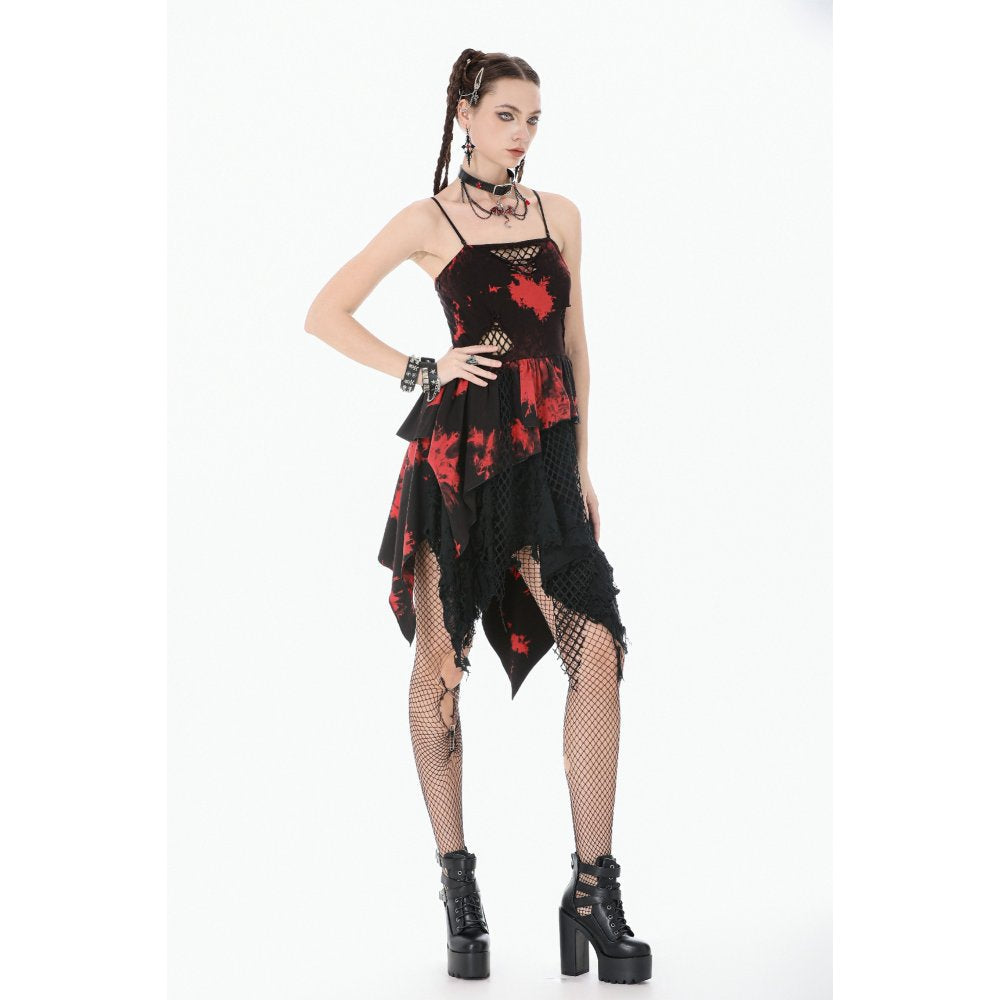 Dark in Love Red & Black Tie Dye Punk Dress | Asymmetric Mesh Goth Style