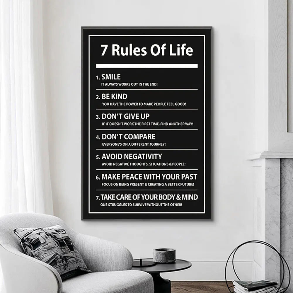 7 Rules of Life Motivational Poster – Black & White Typography Wall Art