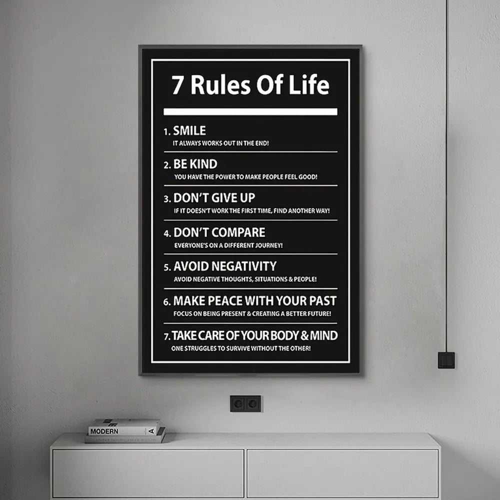 7 Rules of Life Motivational Poster – Black & White Typography Wall Art