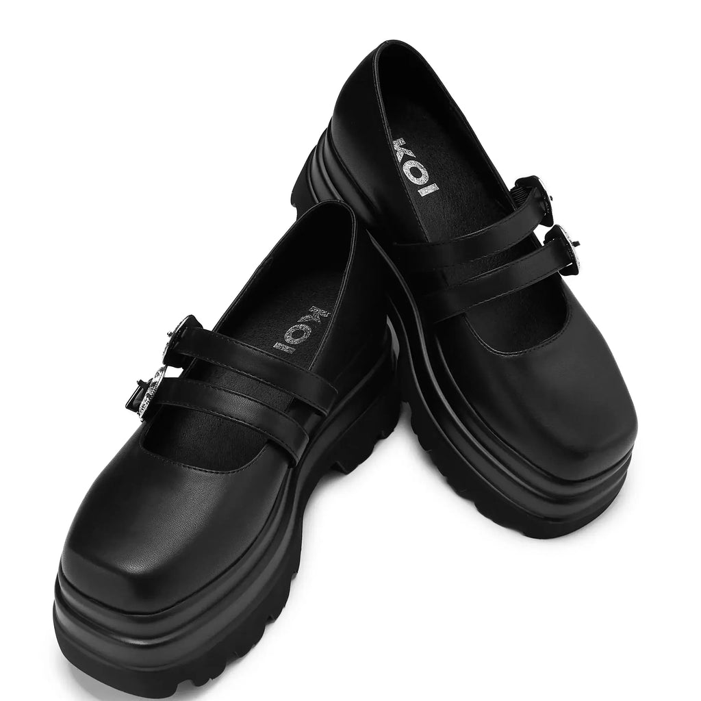 Koi Damona Trident Black Platform Mary Janes with Ornate Buckles