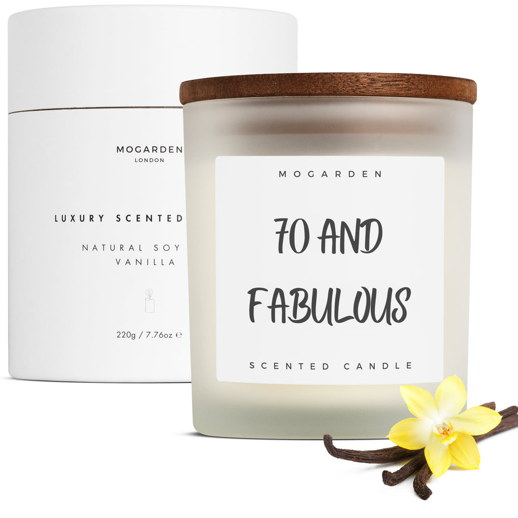 Mogarden 70th Birthday Candle – Luxury Vanilla Amber Soy Wax 220g