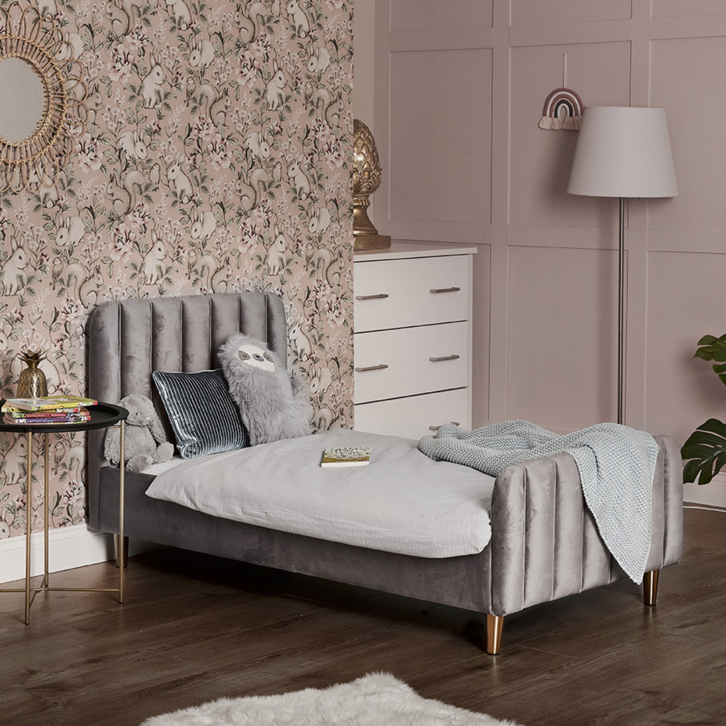 Obaby Gatsby Velvet Single Bed with Gold Legs – Luxury Low-Profile Bed for Kids, Grey