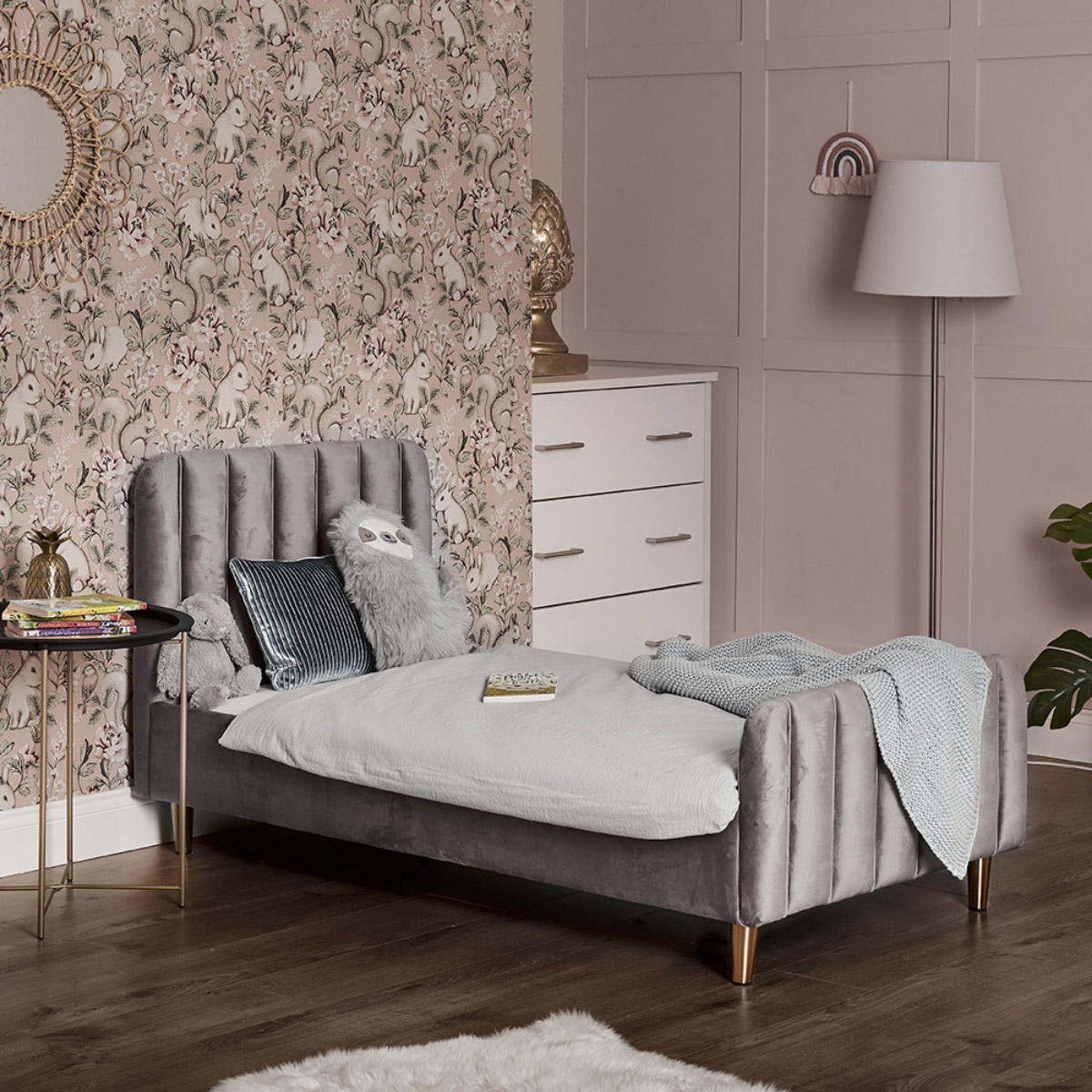 Obaby Gatsby Velvet Single Bed with Gold Legs – Luxury Low-Profile Bed for Kids, Grey