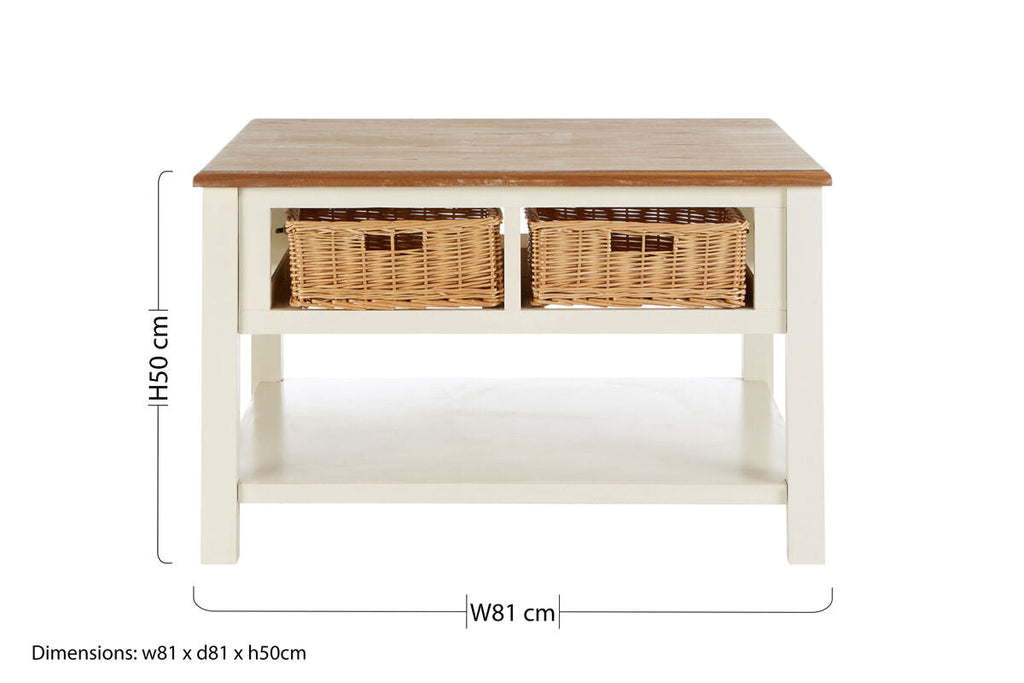Orsina Dorset Cream Wood Coffee Table with 2 Rattan Storage Baskets