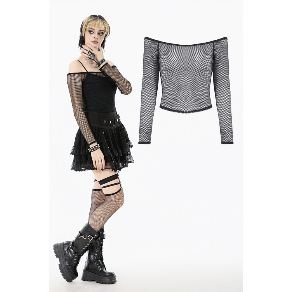 Dark in Love Lyra Fishnet Off-Shoulder Gothic Mesh Top – Black