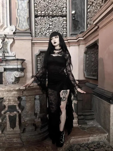 Dark In Love Naiara Lace Dress – Gothic Side Slit Gown with Lace Up Back