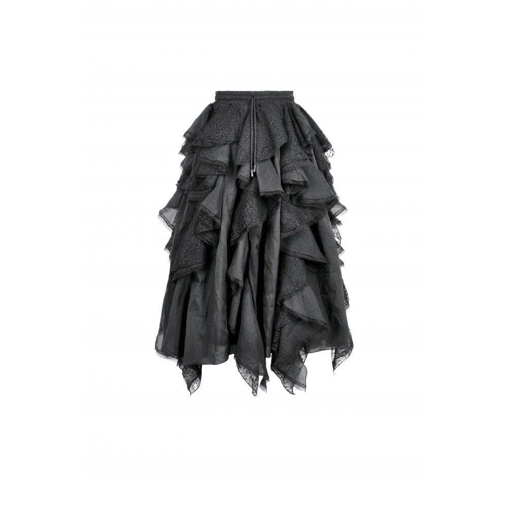 Dark in Love Morrigan Ruffled Goth Midi Skirt - Black Lace Asymmetric