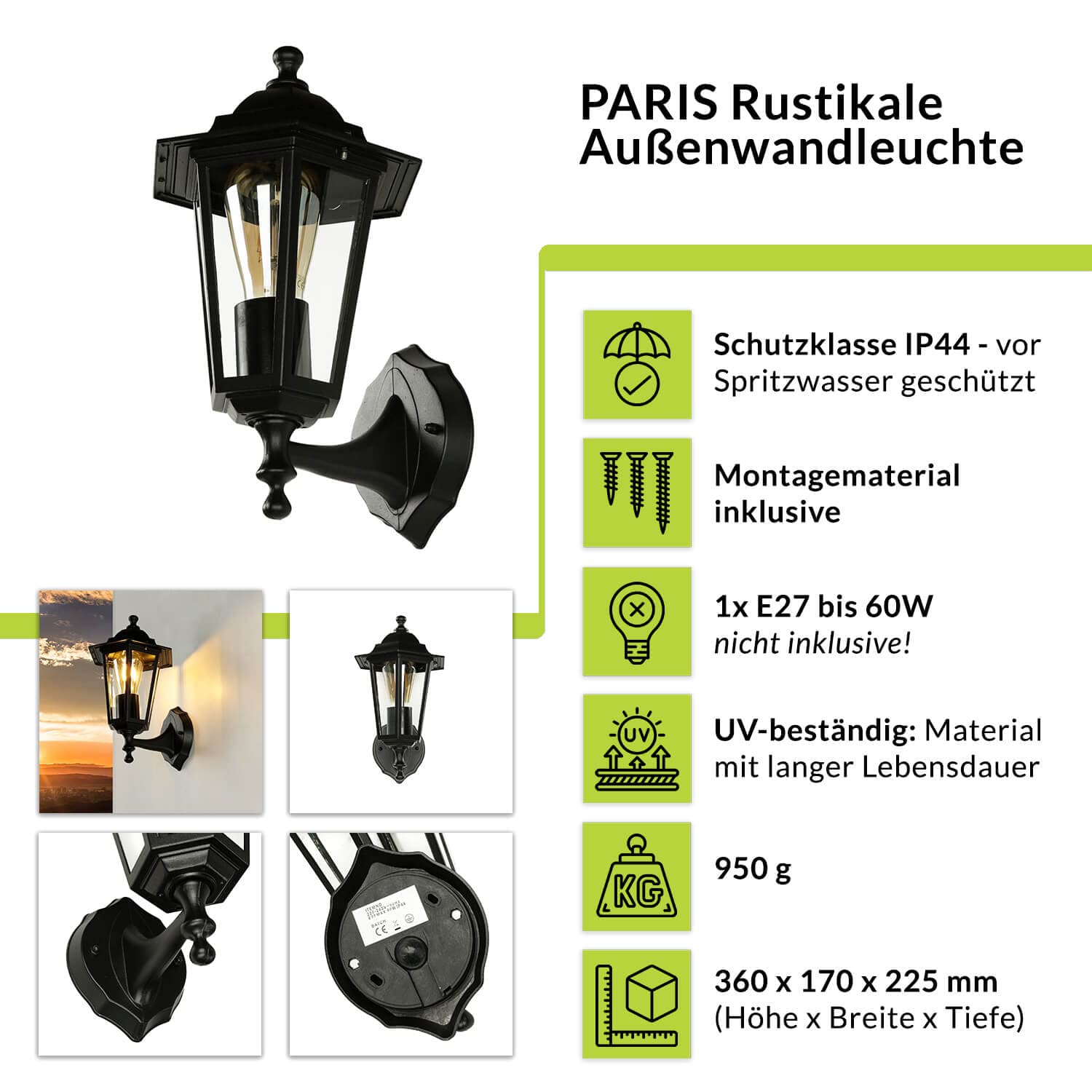 Paris Rustic Outdoor Wall Lantern – Black Aluminum IP44