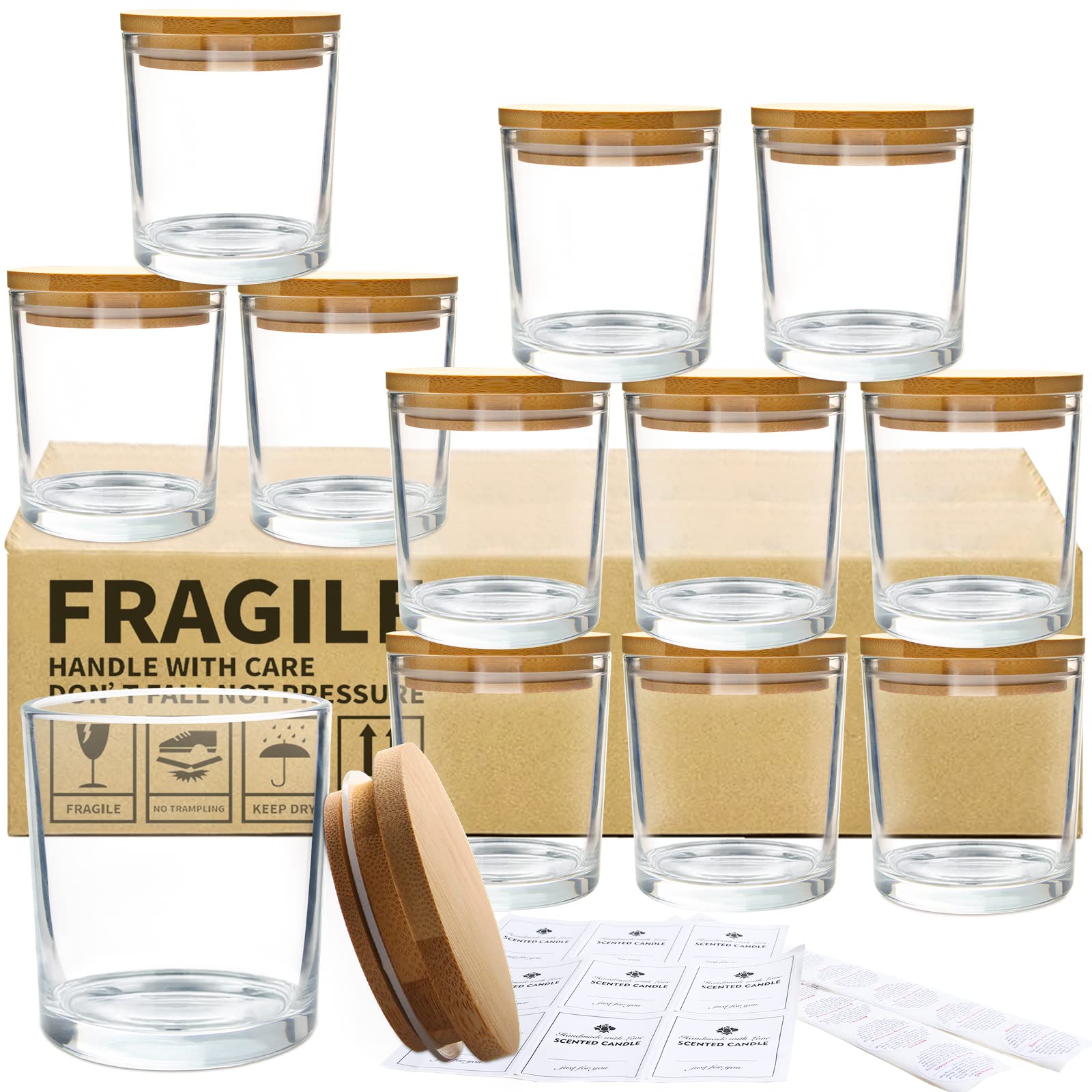 CONNOO 10 oz Clear Glass Candle Jars with Bamboo Lids - 12 Pack