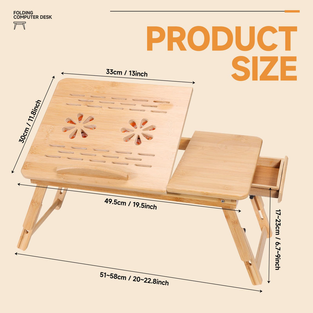 Adjustable Bamboo Laptop Desk with Cooling Fan, Foldable Bed Tray for Breakfast, Writing, and Drawing, with Tilting Top and Drawer - image 2