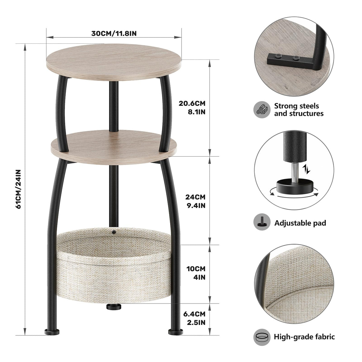 Yuede Round Side Table, 3 Tier Bedside Table, Small End Table with Fabric Basket, Coffee Table for Living Room, Bed Room, Small Space, Easy Assembly - image 3