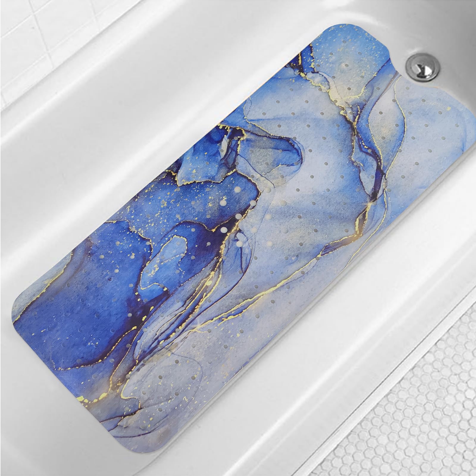 Extra Long Bathtub Mat – Blue Marble Non-Slip PVC Bath Mat