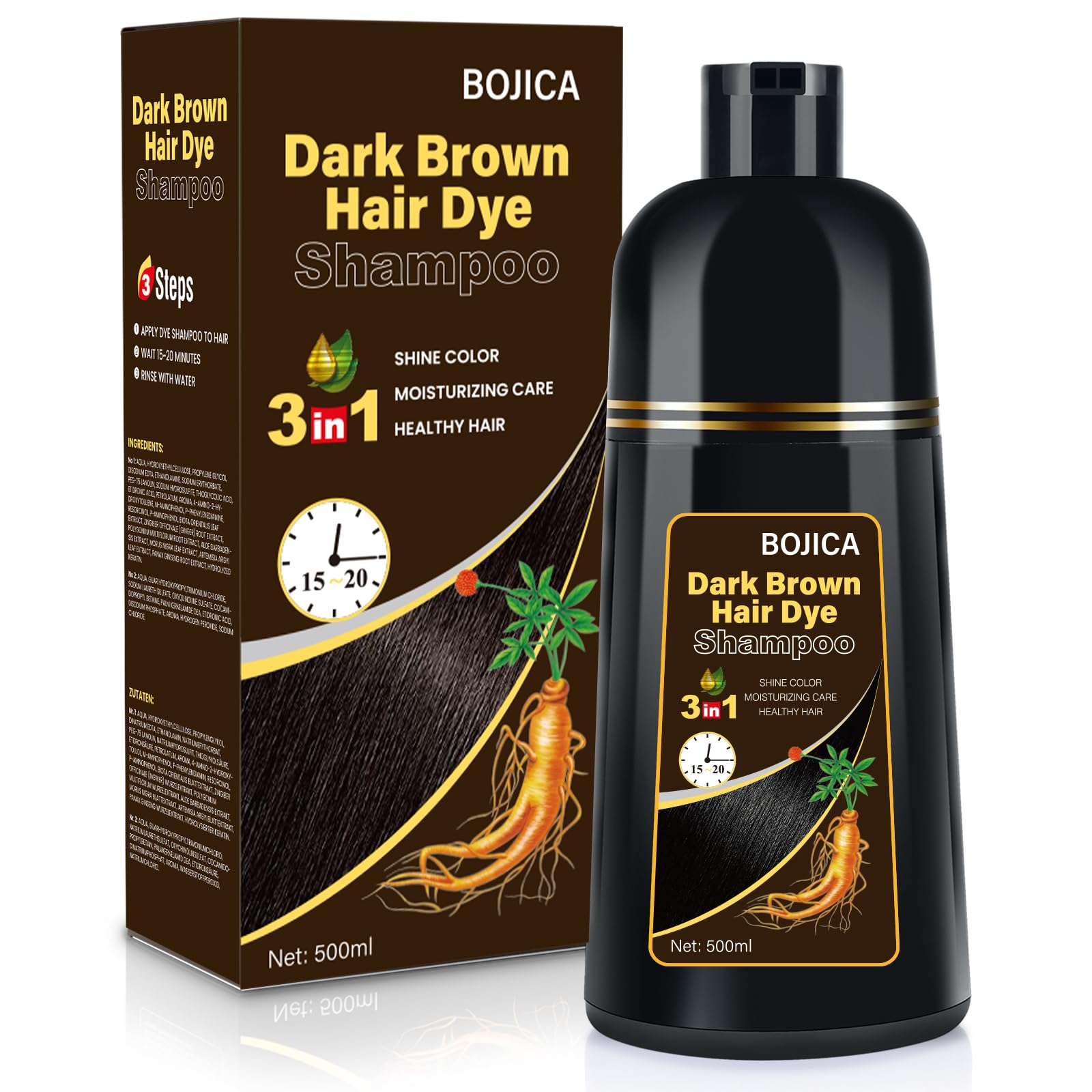 BOJICA Dark Brown Hair Dye Shampoo | 3-in-1 Herbal Gray Coverage - 500ml