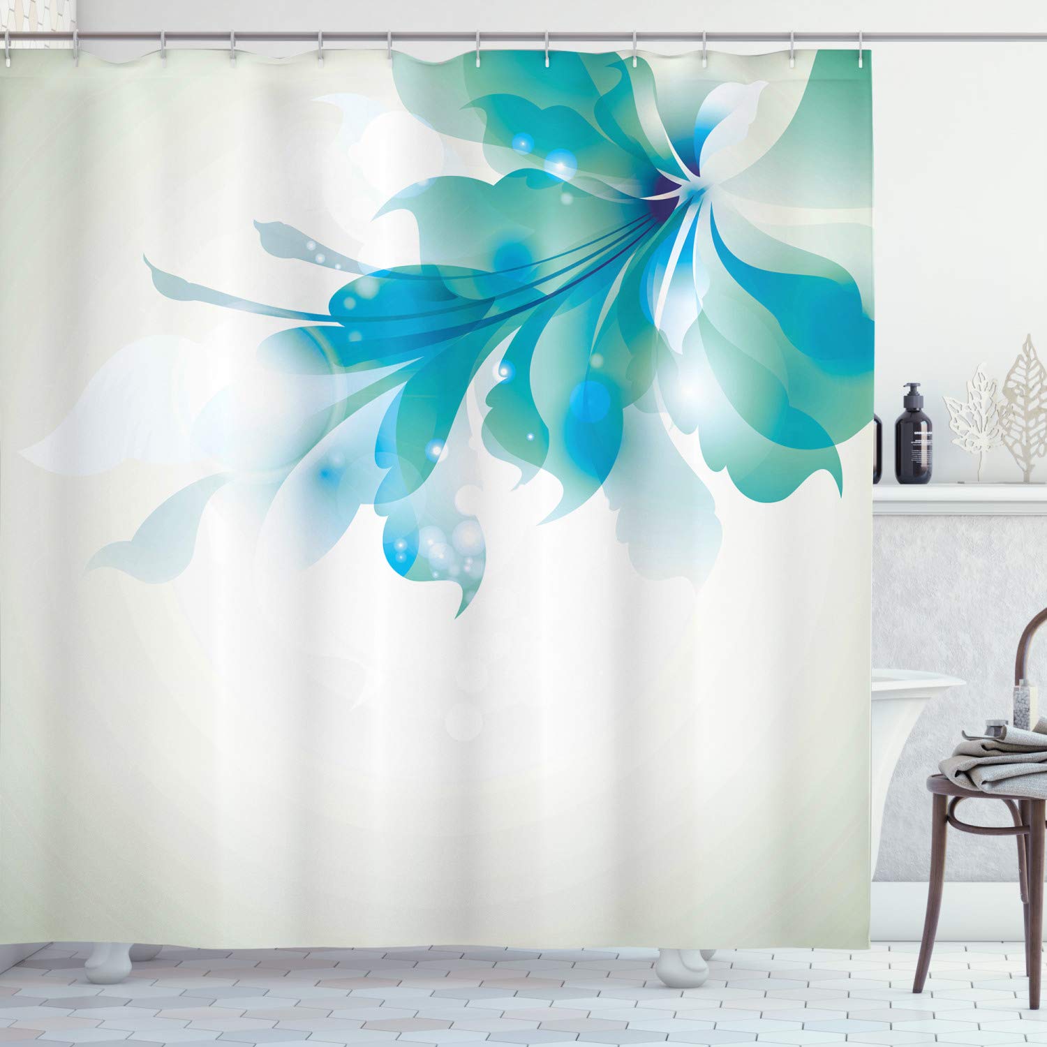 ABAKUHAUS Abstract Blue Floral Shower Curtain | Extra Long 94" Fabric
