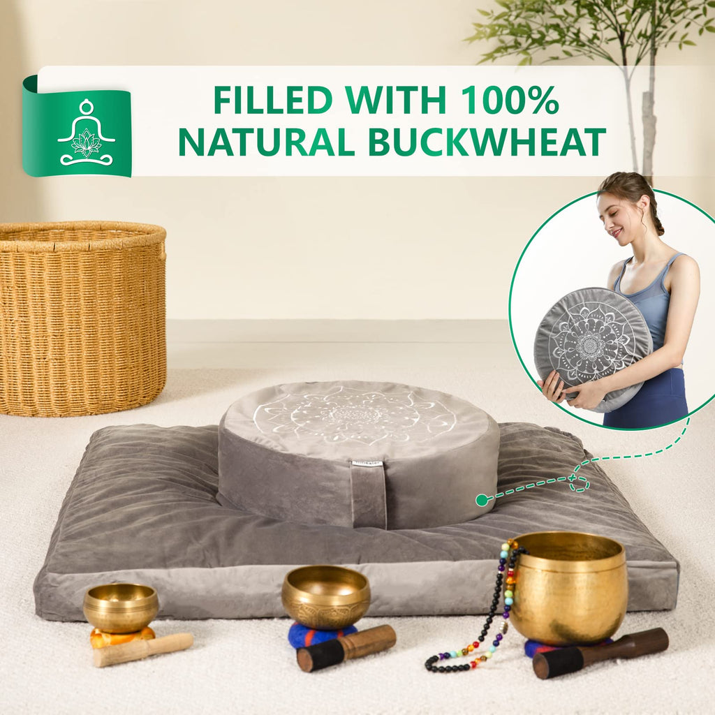 Hihealer Velvet Meditation Cushion and Zabuton Mat Set - Purple