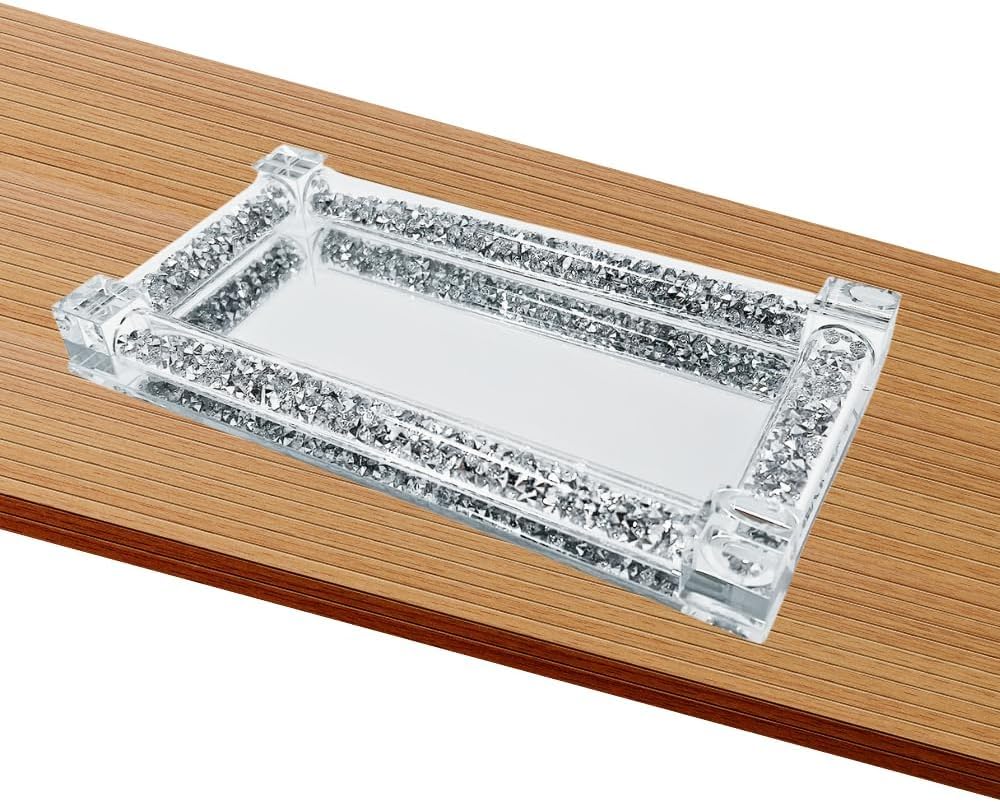 Jolof Store Crushed Diamond Mirrored Glass Vanity Tray – Silver Crystal