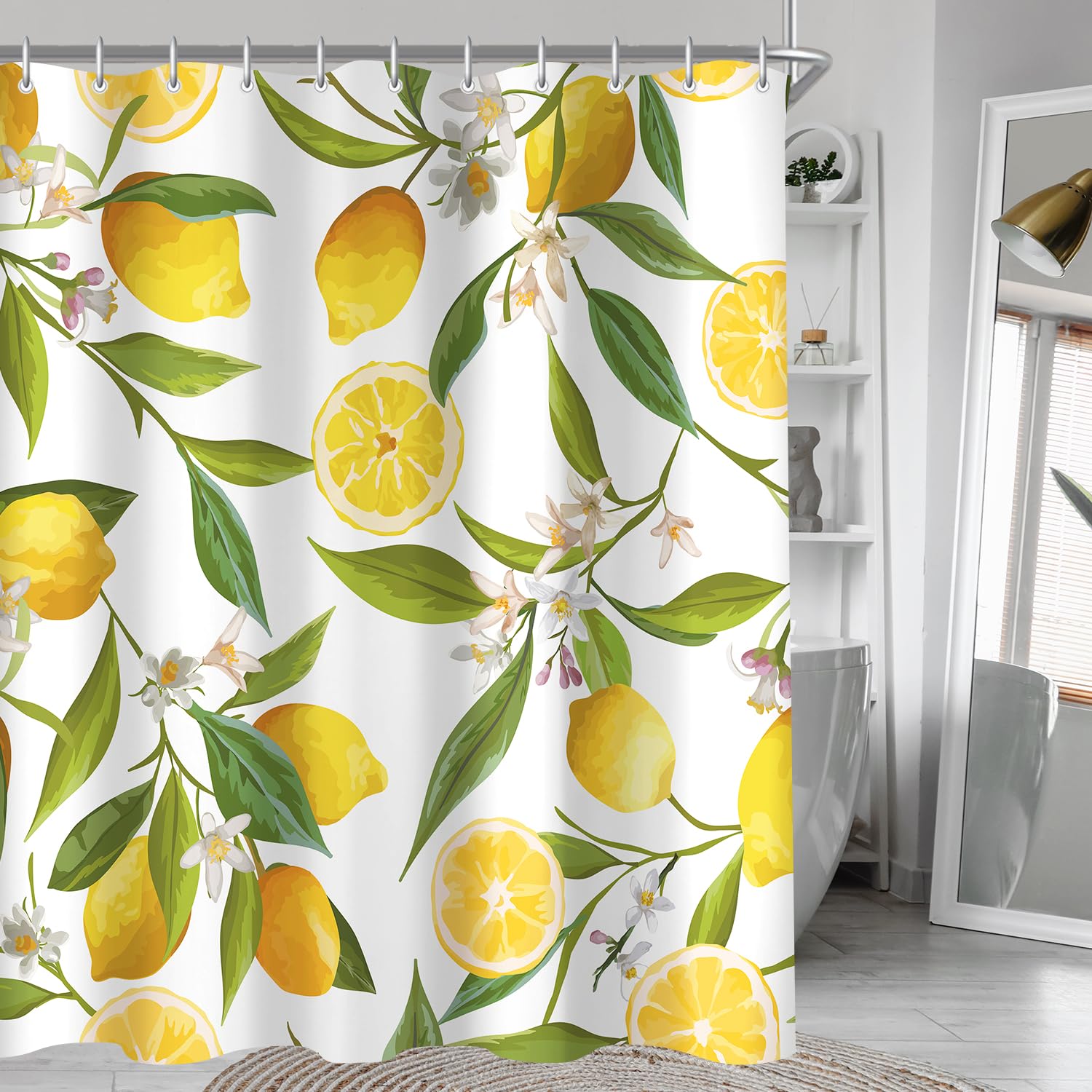 Lerores Lemon Leaf Shower Curtain – Anti-Mould Weighted Polyester, 150x200cm