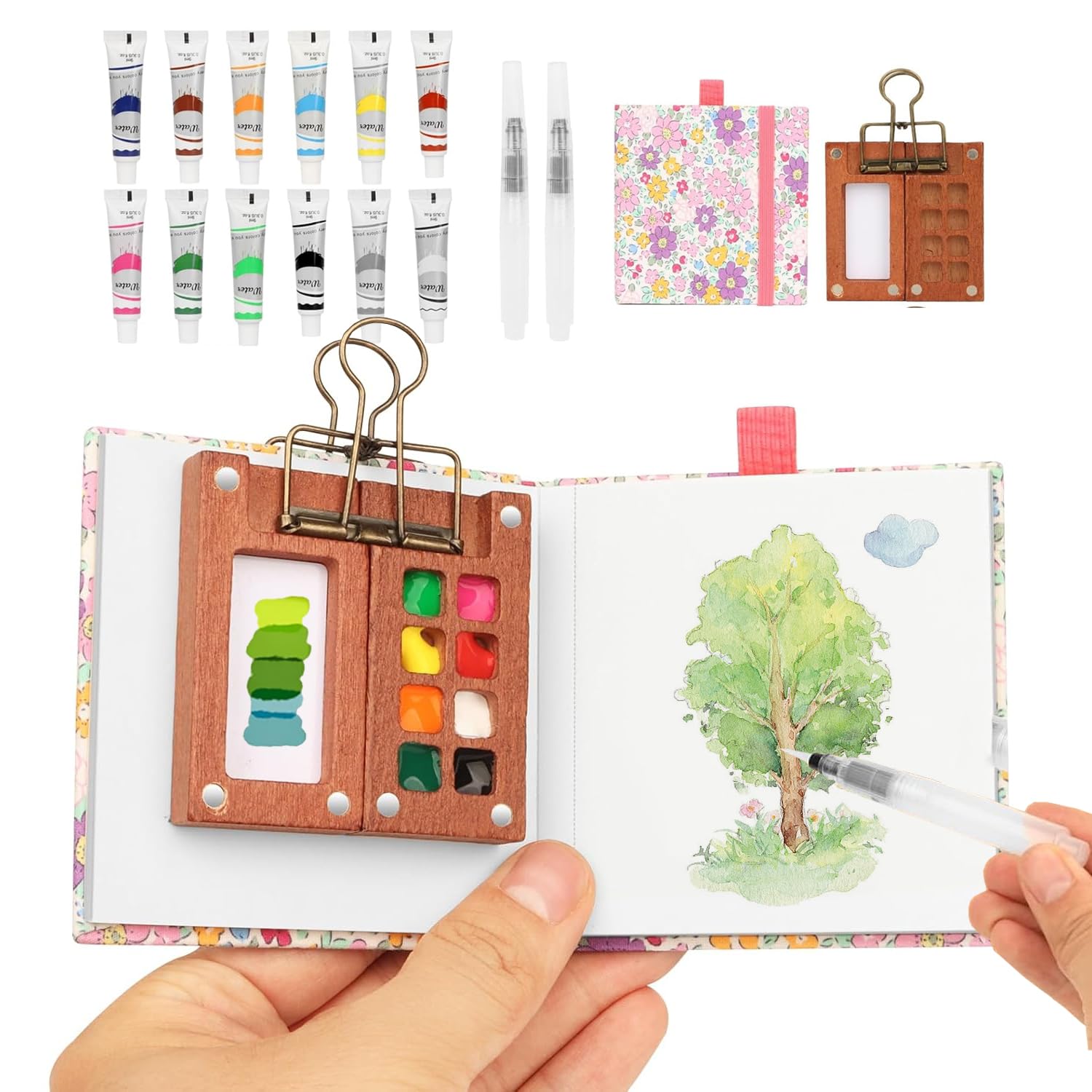 Jusimi Mini Travel Watercolour Paint Set | 8 Grid Walnut Palette & Kit