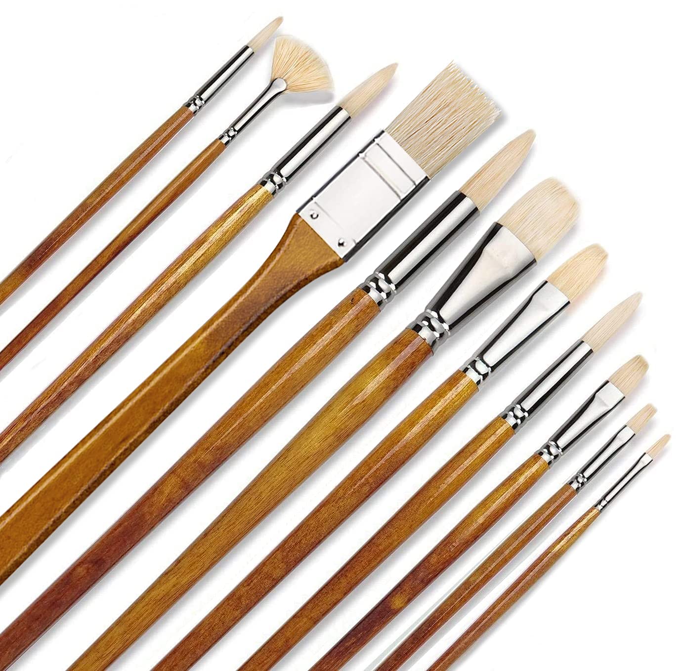 Fuumuui 11pcs Hog Bristle Paint Brush Set for Oil and Acrylic