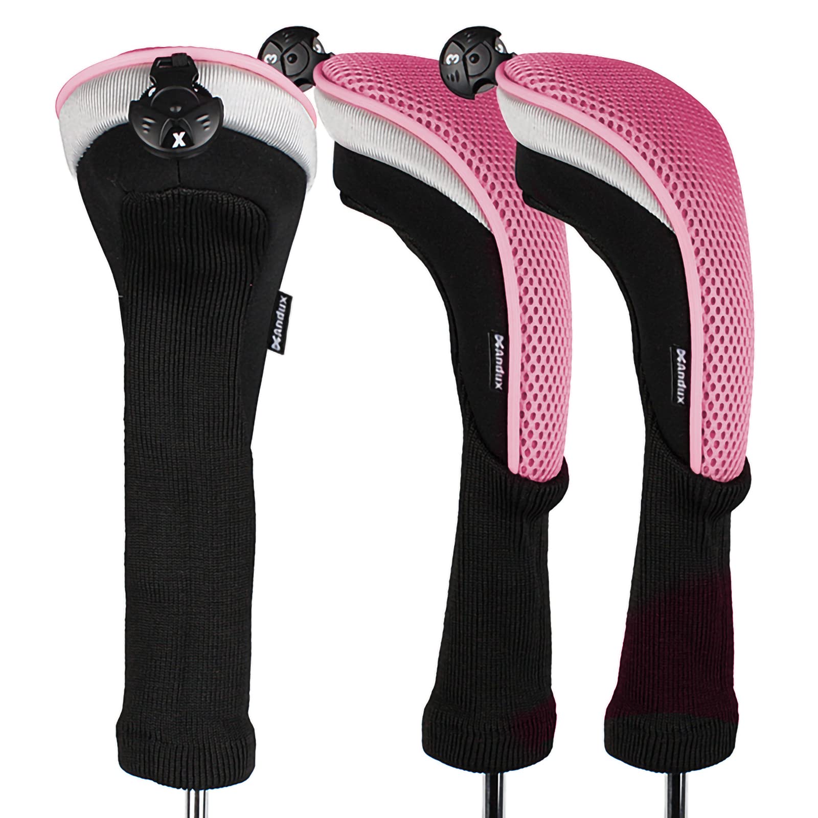 Andux 6-Piece Golf Club Head Covers Set - Driver, Wood, Hybrid - Black/Pink