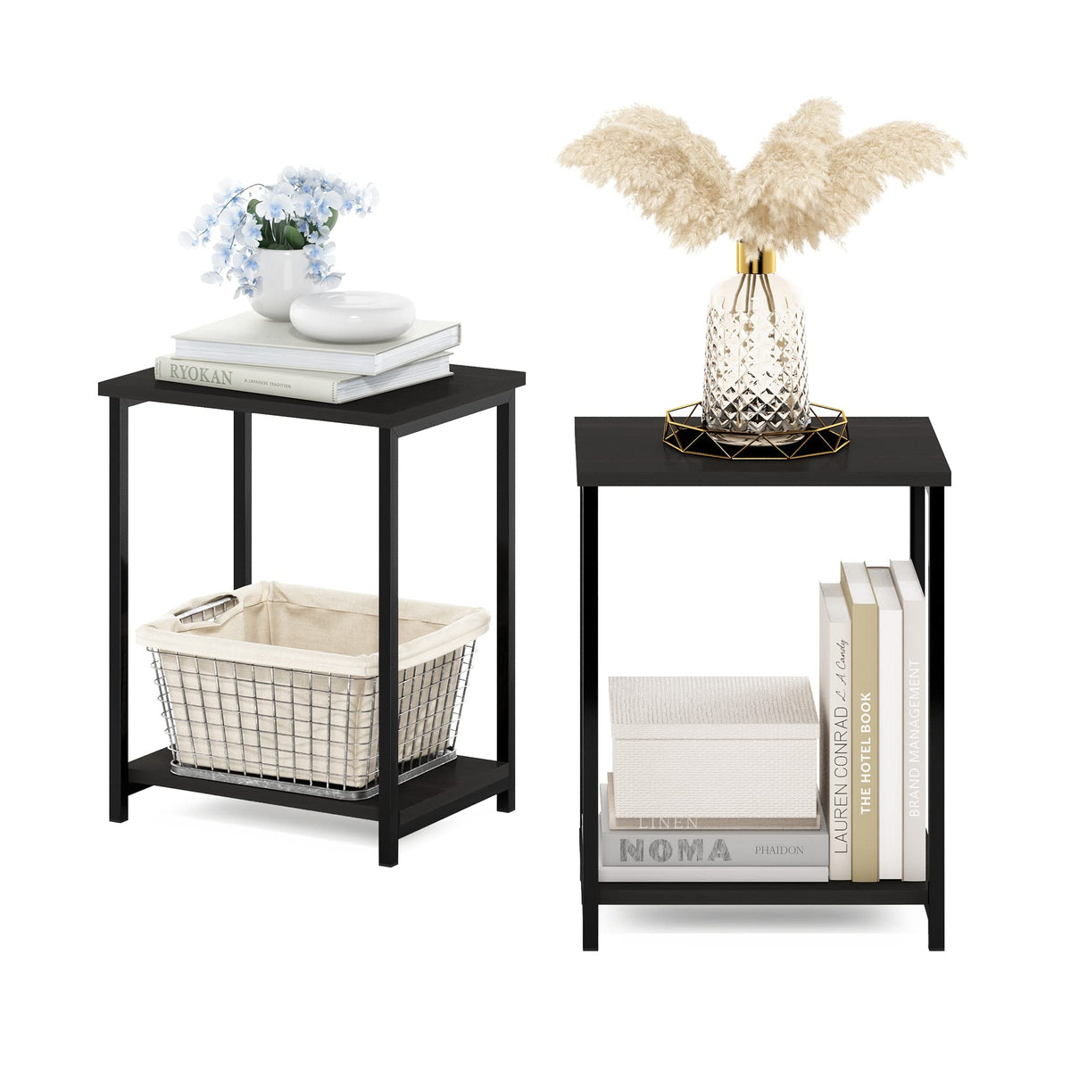Furinno SIMPLISTIC Side Table Set of 2, 2-Tier Metal Frame End Table with Open Shelf, Night Stand, Bedside Table, for Living Room, Bedroom, Espresso
