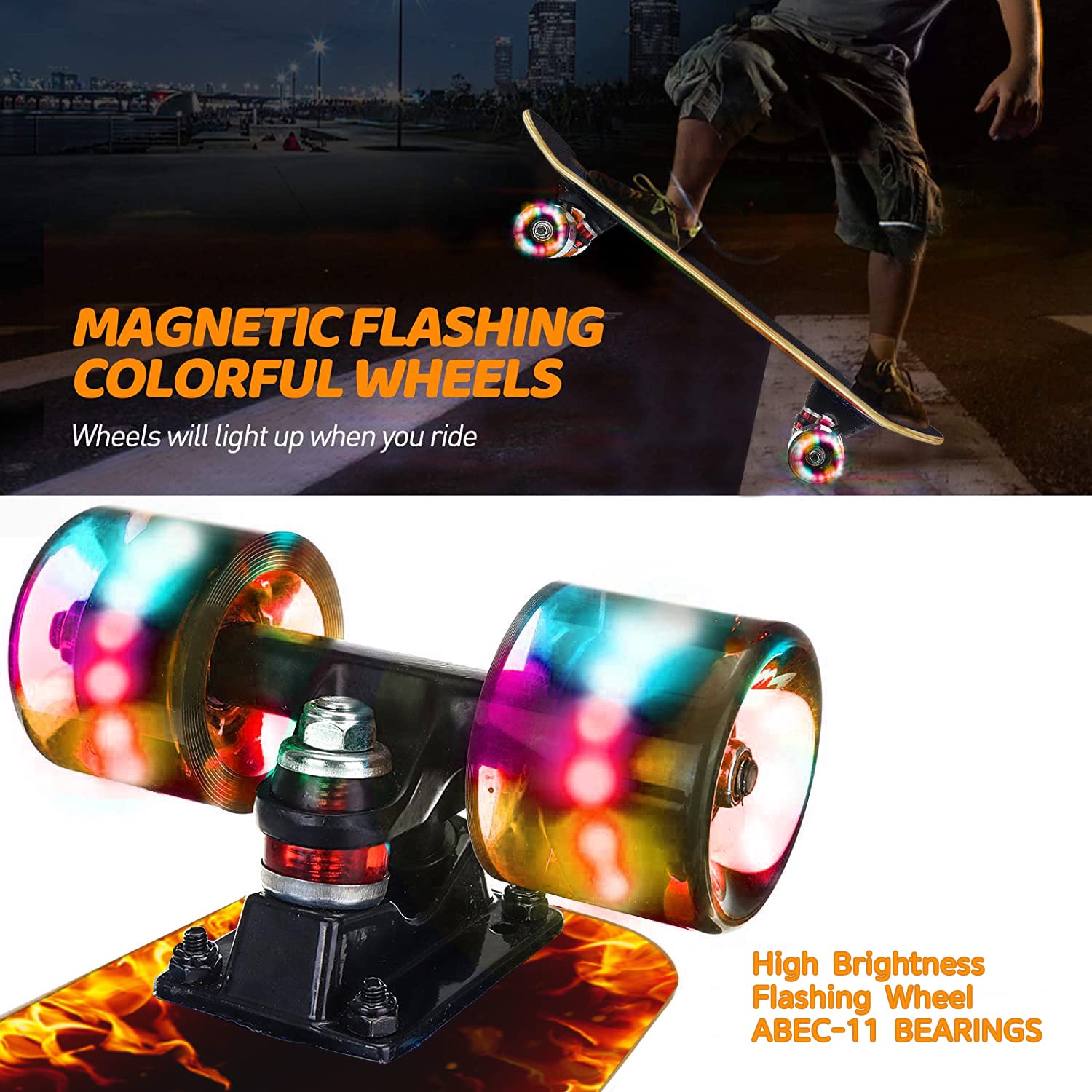 GIEEU Complete Skateboard – 31x8 Inch 9-Layer Maple with Flashing Wheels