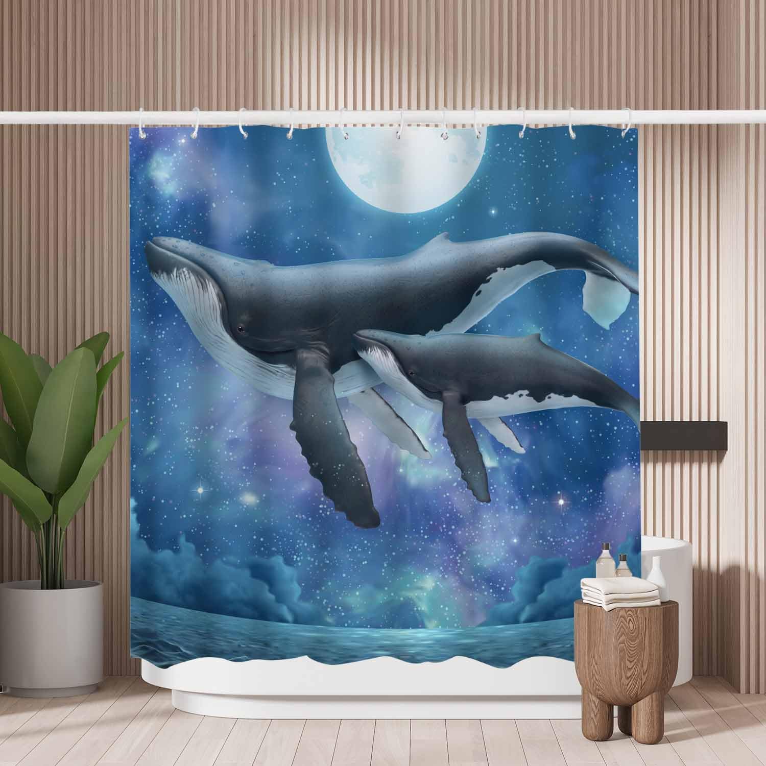 Woutay Whale Family Shower Curtain – Mold Resistant Polyester Fabric
