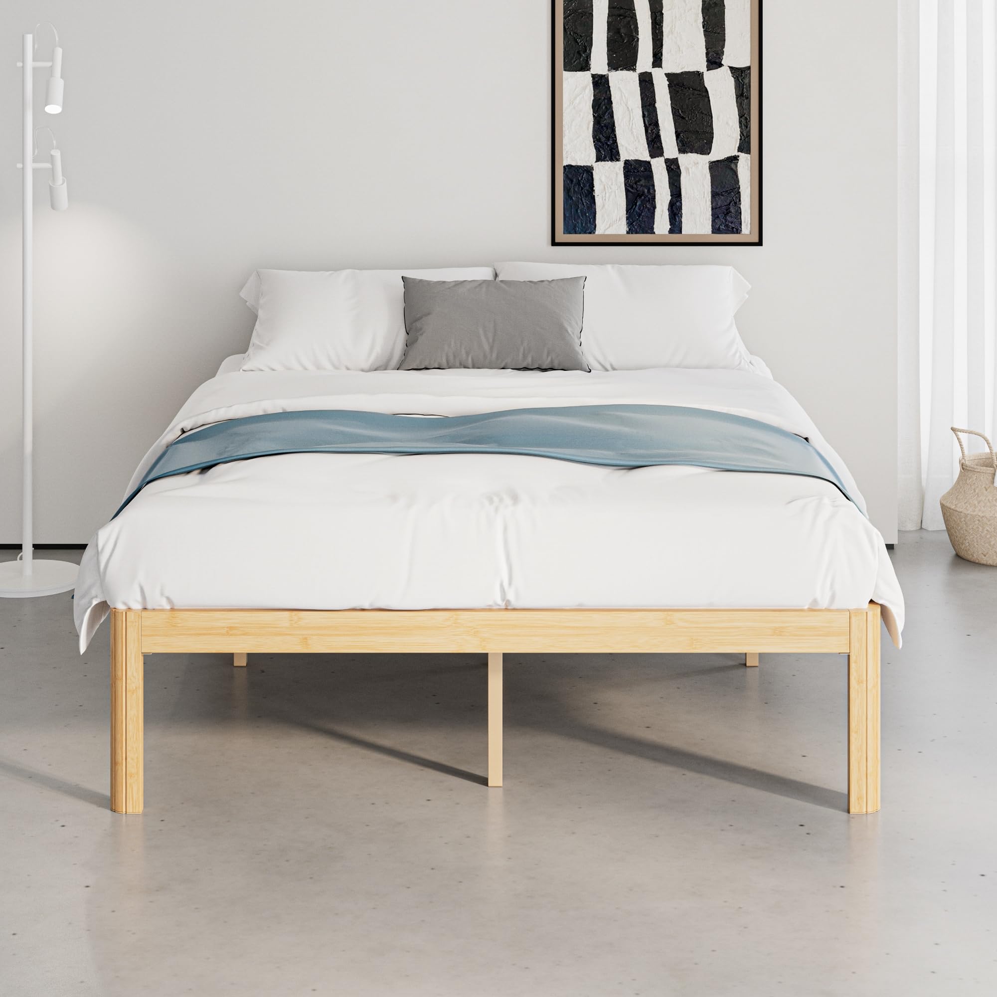 QFtime Bamboo Double Bed Frame – Platform Wood Bed with Metal Slats