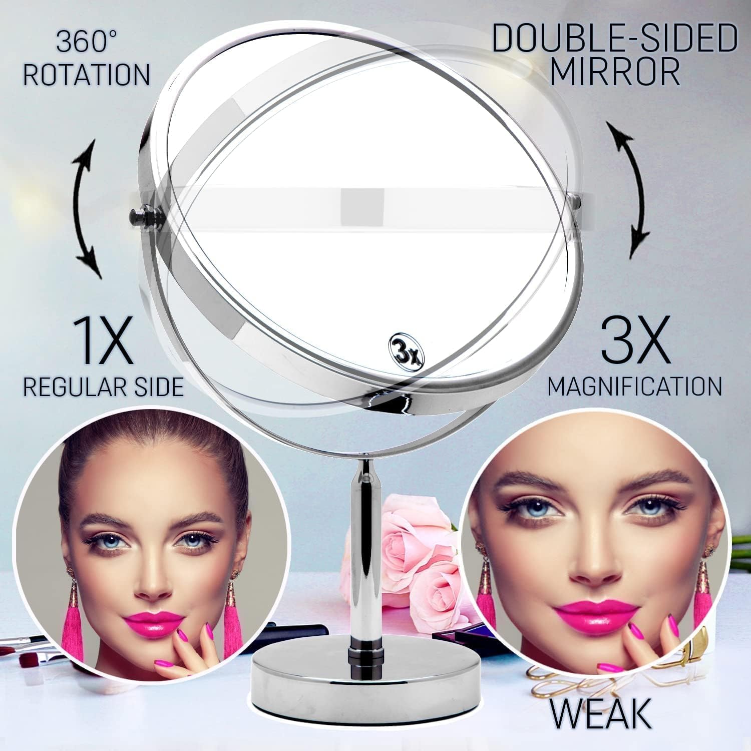 Mirrorvana XXLarge 3X Magnifying Makeup Mirror | Double Sided Vanity Stand