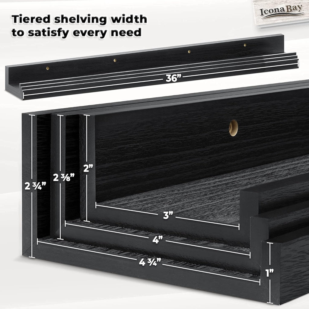 Icona Bay 36" Floating Shelves - Set of 3 Modern Rustic Ebony Black
