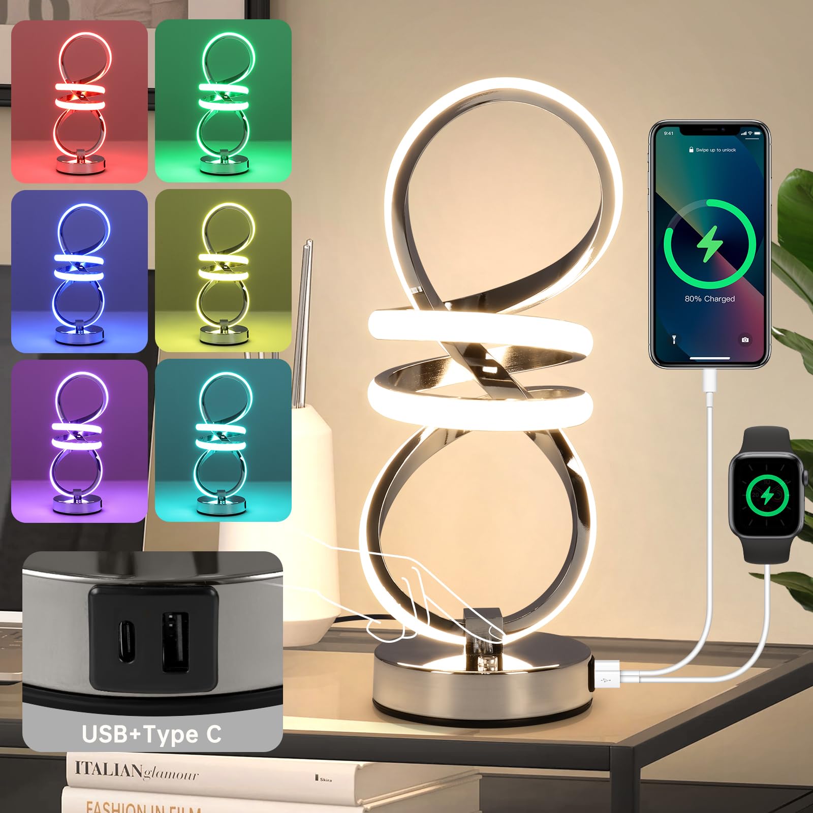 EIDISUNY RGB Bedside Table Lamp – Dimmable Touch Control with USB Ports