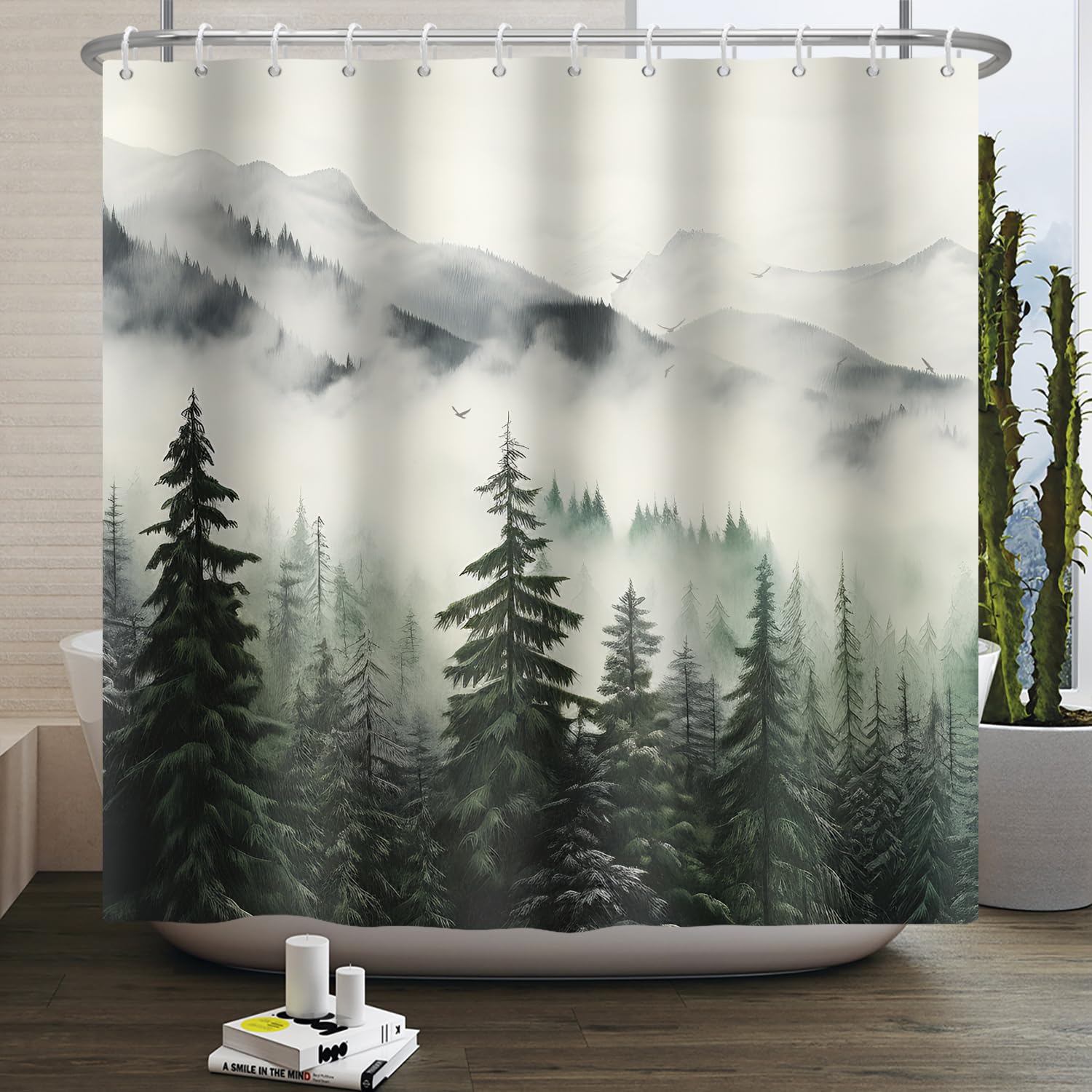 Jolof Store Forest Landscape Shower Curtain | Waterproof White Mist